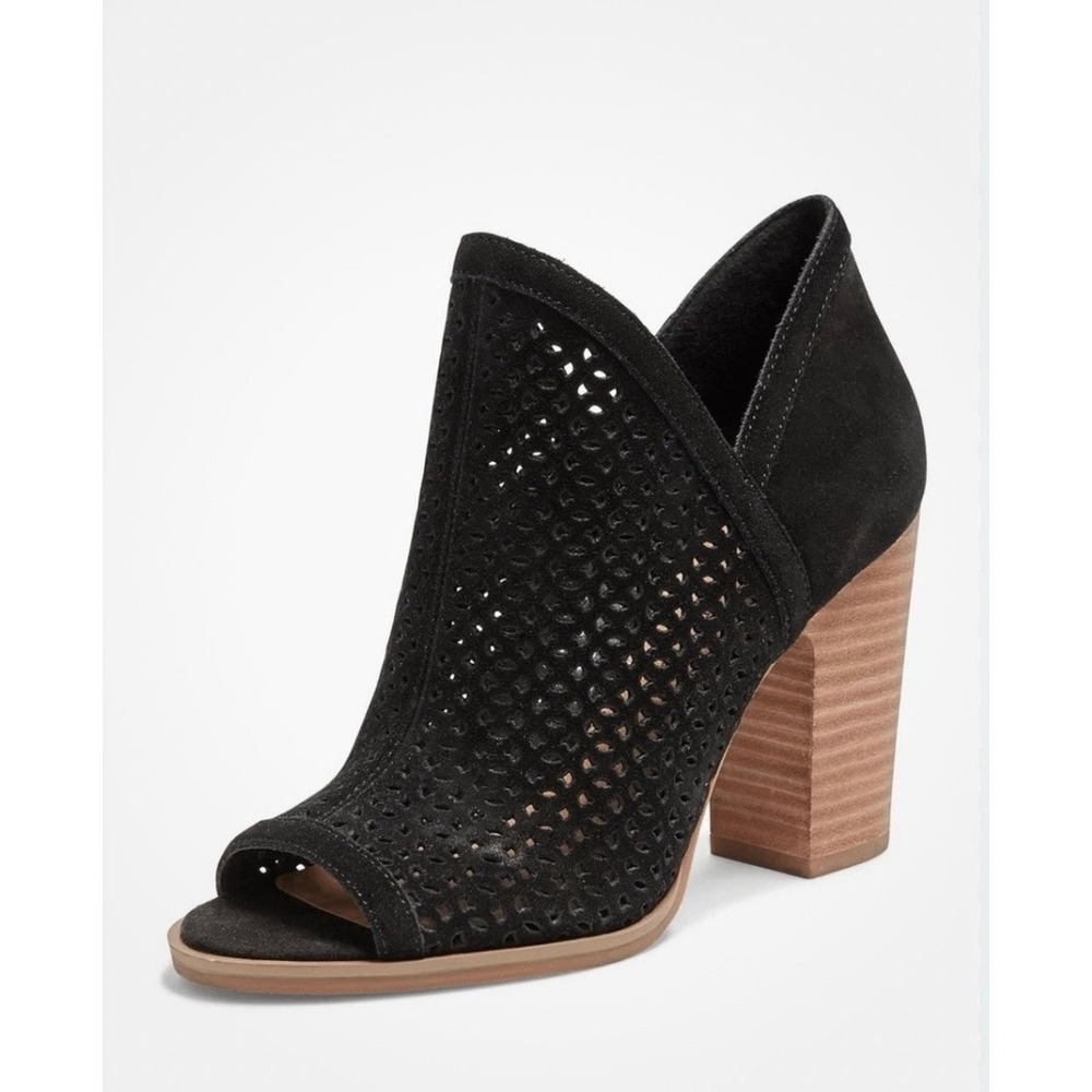 Lucky Brand Livey Black Suede Perforated Open Toe Block Heel Booties 8M Boho EUC